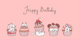 Happy Birthday. Cute greeting card with a little white kittens playing with cupcakes. Vector 10 EPS.