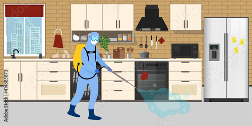 Man in protective suit disinfects Kitchen with spray gun. Prevention against spread of disease. Premises sanitization. Sanitary inspection worker disinfecting home.