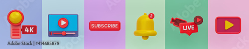 camera, video player, subscribe button, Notification bell icon, live chat, play button. minimal trendy social media vlog icons for web banner. 3d rendering Free Download camera, video player, subscribe button, Notification bell icon, live chat, play button. minimal trendy social media vlog icons for web banner. 3d rendering - GFXLoad