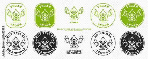 Concept for product packaging. Marking - vegan and not tested on animals. The symbol of test drops of animals with wings - as a symbol of freedom from testing. Vector set.