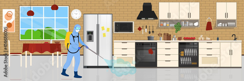 Man in protective suit disinfects Kitchen with spray gun. Prevention against spread of disease. Premises sanitization. Sanitary inspection worker disinfecting home.