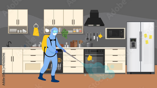 Man in protective suit disinfects Kitchen with spray gun. Prevention against spread of disease. Premises sanitization. Sanitary inspection worker disinfecting home.