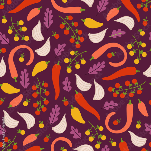 Vegetables seamless pattern with garlic, cherry tomato, pepper, arugula