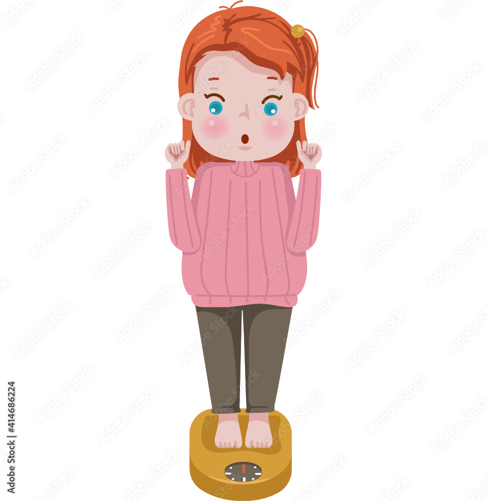 Gain weight children. little girl use weight scale. kid vector. Gain weight children. little girl use weight scale. kid vector.