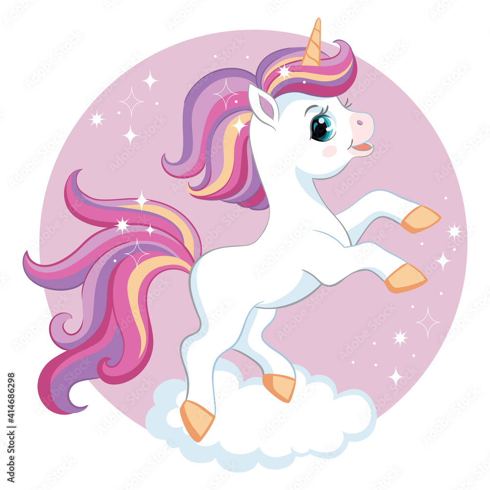 Fototapeta premium Cute cartoon unicorn on cloud vector illustration