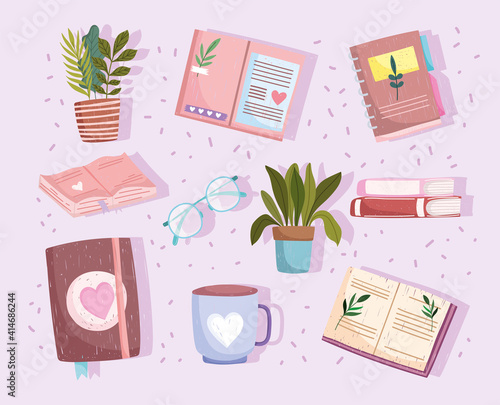 set book, botanical textbooks read coffee cup and plants icon