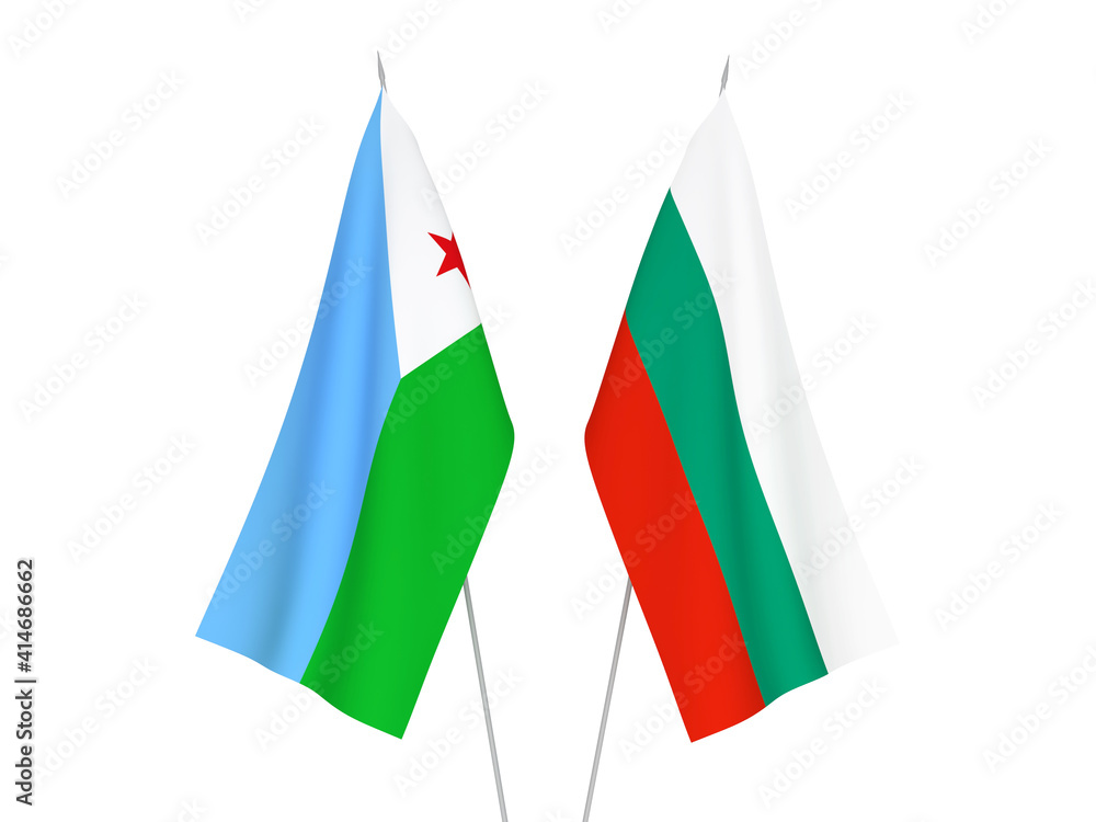 National fabric flags of Bulgaria and Republic of Djibouti isolated on white background. 3d rendering illustration.