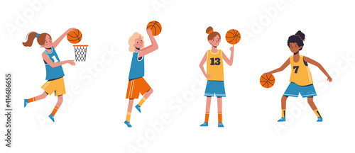Vector set with cute girls who play basketball. Childrens sports, physical education. White background, flat style.