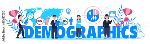 Demographer concept vector for landing page. Growth population in the world. Demographic experts analyzing data numbers of women, men, families. Diagrams, map, label