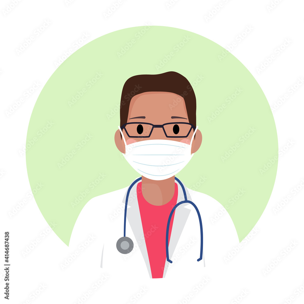 Afro american doctor avatar in medical protective mask against covid-19. Black doctor with glasses, stethoscope and in white coat. Web site or app mobile profile icon. Professional profile, man icon.