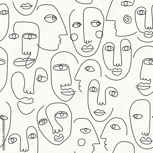 Hand drawn abstract faces in line art style, seamless pattern background, modern minimalism art, aesthetic contour