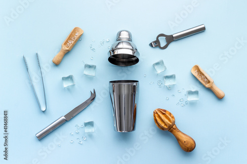 Flat lay of bar tools and utensils for cocktail