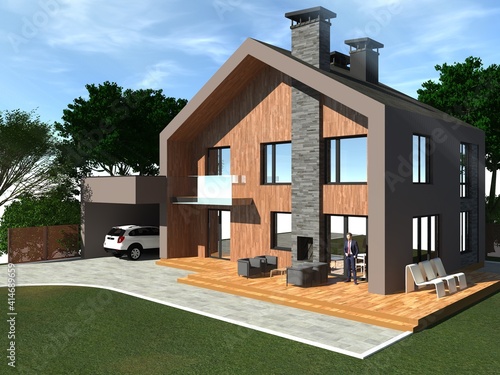 3d render of a modern private house in the city