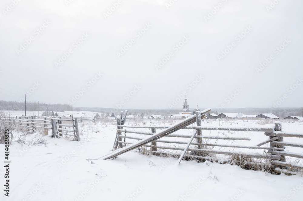 December, 2020 - Kimzha. The world's northernmost windmills. Winter village landscape. Russia, Arkhangelsk region, Mezensky district 