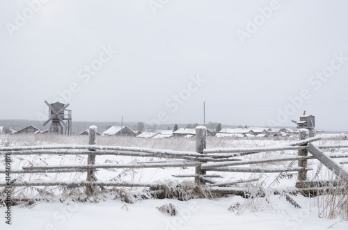 December, 2020 - Kimzha. The world's northernmost windmills. Winter village landscape. Russia, Arkhangelsk region, Mezensky district  photo