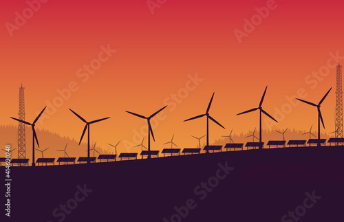 silhouette wind turbine solar panel farm on orange gradient background