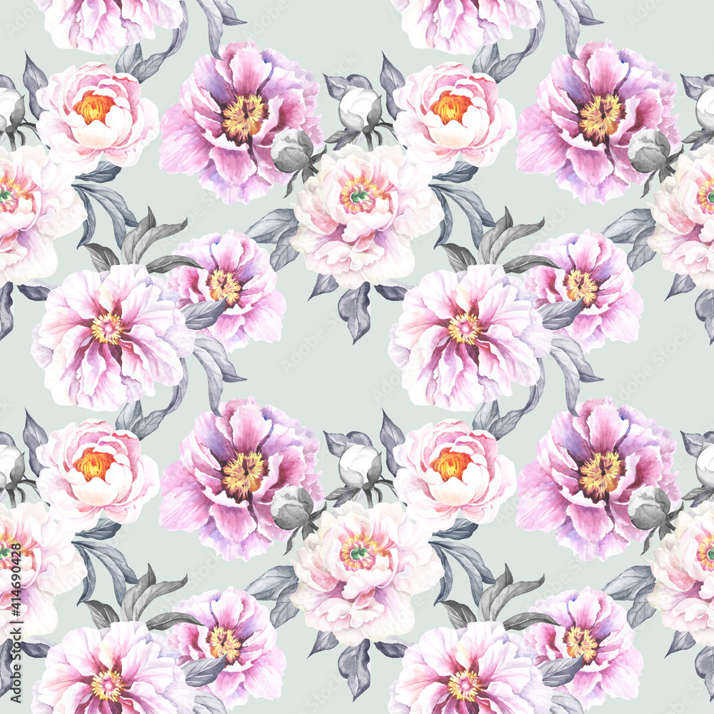 seamless pattern with flowers.watercolor peonies