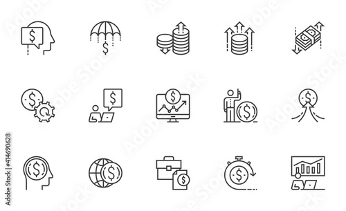 Finance Management, Investment Growth, Wealth Management, Trade Strategy. Set of Vector Line Icons. Editable Stroke. 64x64 Pixel Perfect.