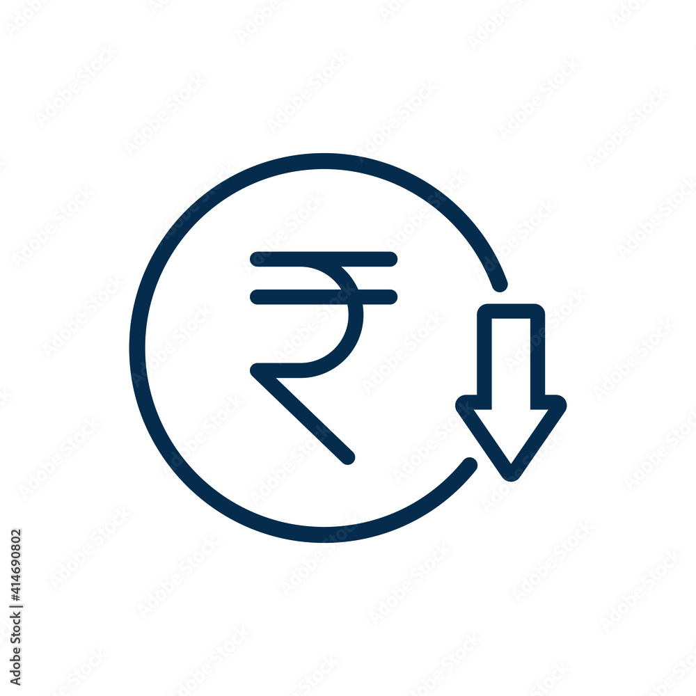 Decreasing value of rupee. Cost reduction icon concept isolated on white background. Vector illustration Decreasing value of rupee. Cost reduction icon concept isolated on white background. Vector illustration