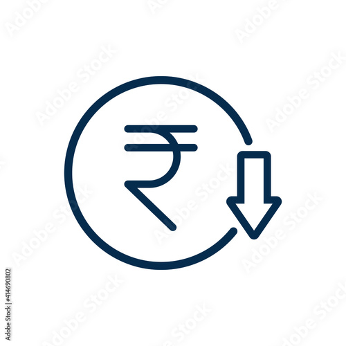 Decreasing value of rupee. Cost reduction icon concept isolated on white background. Vector illustration