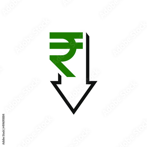 Decreasing value of rupee. Cost reduction icon concept isolated on white background. Vector illustration
