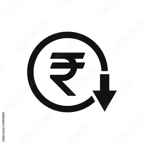 Decreasing value of rupee. Cost reduction icon concept isolated on white background. Vector illustration