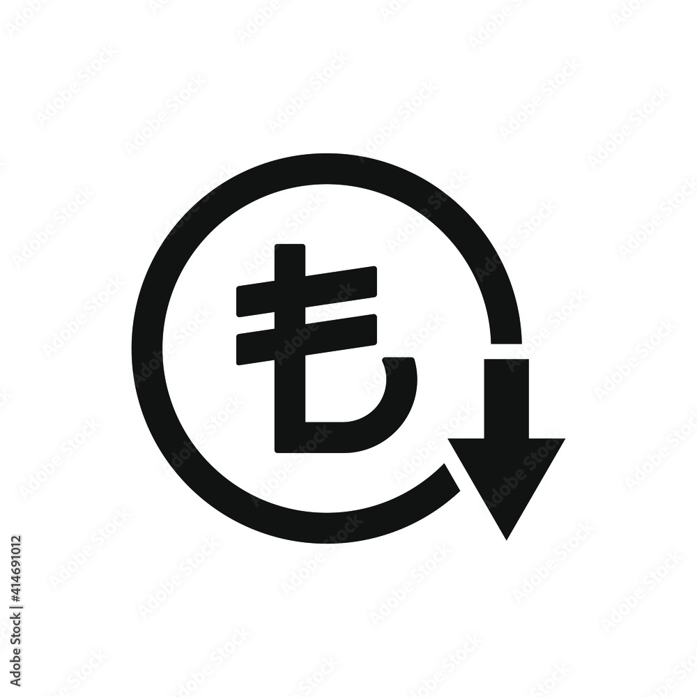 Decreasing value of turkish lira. Cost reduction icon concept isolated on white background. Vector illustration Decreasing value of turkish lira. Cost reduction icon concept isolated on white background. Vector illustration