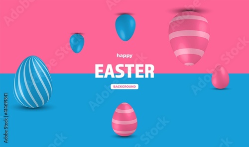 Colored Easter Eggs banner. 3d easter egg, spring holiday traditional symbol.