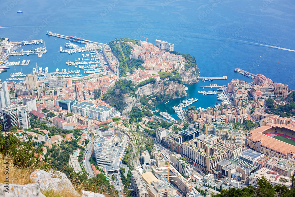 Aerial view of Monaco from La Turbie hill, view of the french Riviera