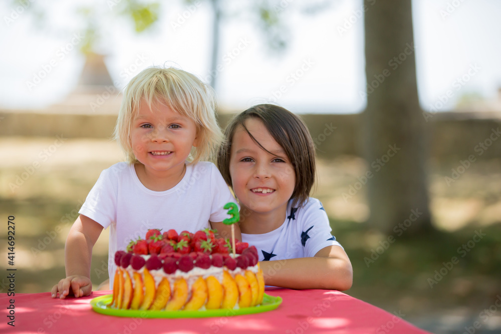 Sweet little blond toddler boy, celebrating his third birthday in a park with siblings and friends Sweet little blond toddler boy, celebrating his third birthday in a park with siblings and friends