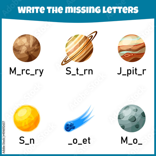 Write the missing letter. Worksheet for education. Fill in the missing letter. Mini-game for children.