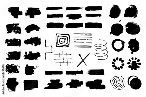 Vector set with brush strokes, texture hand drawn illustration. Black spot on the white background.