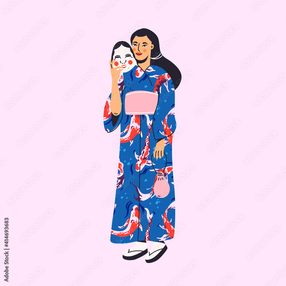Female adult in national Japanese kimono robe with Okame mask flat cartoon illustration. Kabuki theatre banner design. Woman in beautiful Asian dress printing card. Female adult in national Japanese kimono robe with Okame mask flat cartoon illustration. Kabuki theatre banner design. Woman in beautiful Asian dress printing card.