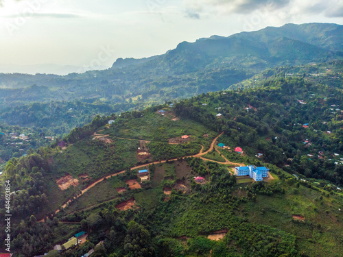 Aerial Drone Shot of Lushoto village in Usambara Mountains. Remote Place in Tanga Province, Tanzania, Africa photo