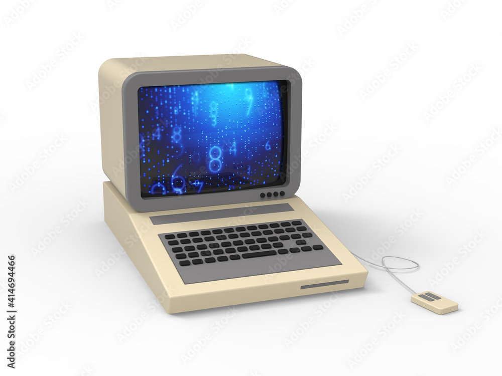 Retro PC computer desktop concept with futuristic background on the screen 3D Retro PC computer desktop concept with futuristic background on the screen 3D
