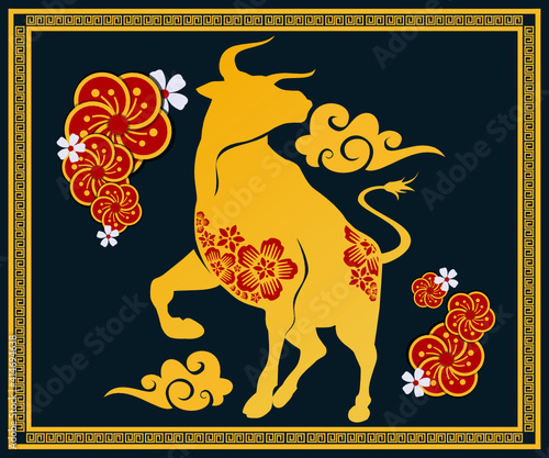 Happy chinese new year 2021, metal ox lunar new year, nice and beautiful for wall decoration with luxurious looking frame, suitable for ornament to celebrate this year of the ox.
