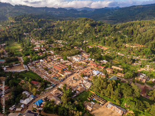 Aerial Drone Shot of Lushoto village in Usambara Mountains. Remote Place in Tanga Province, Tanzania, Africa