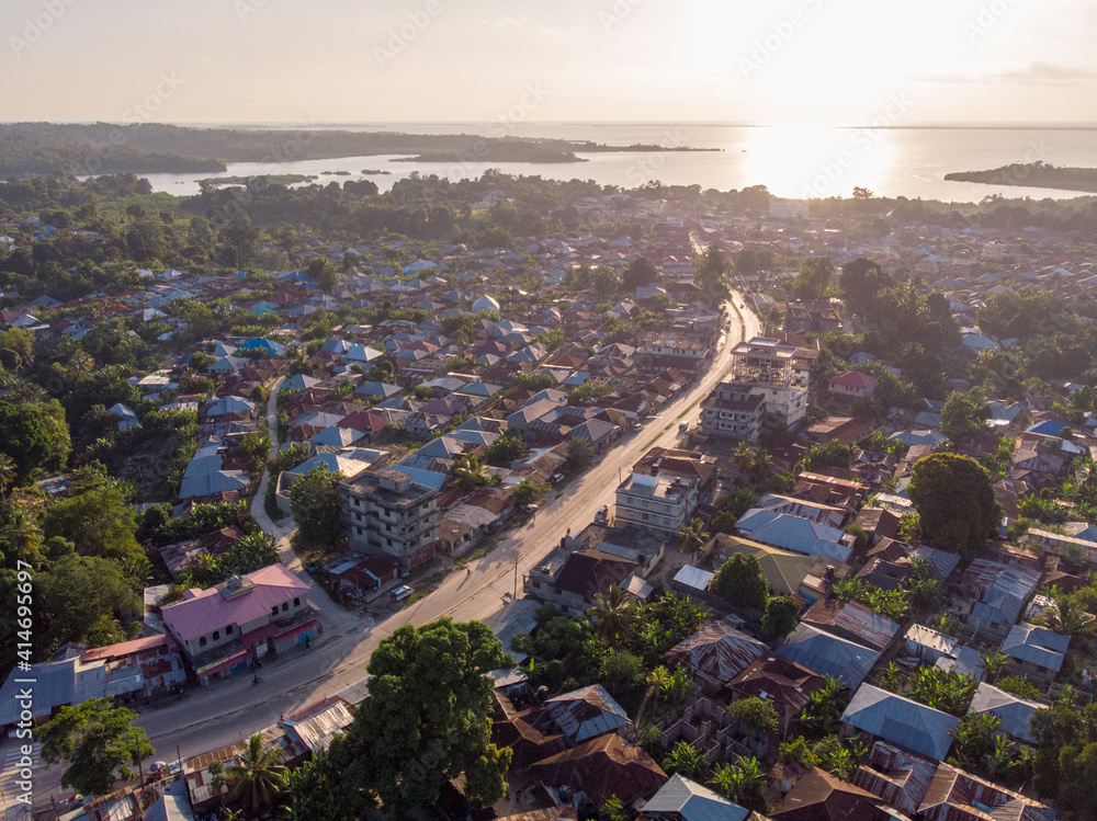 Aerial shot of Pemba island, zanzibar archipelago. Wete city at sunset time - obrazy, fototapety, plakaty 