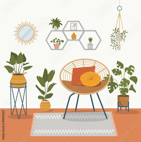 Comfortable rattan chair and house plants. Vector flat style cartoon illustration.