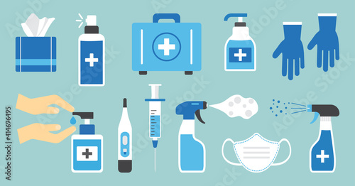 Disinfect vector icon. Hygiene. PPE personal protective equipment. Antiseptic, hand sanitizer bottles, medical mask, wash gel, spray, wipes, antibacterial soap, gloves, napkins. Health illustration