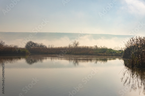 Heavy  fog over Lake Hula nature reserve on an early winter morning in northern Israel