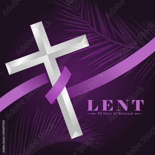 lent, 40 days of renewal with purple ribbon roll around silver cross crucifix sign on dark purple plam leaf texture background vector Design