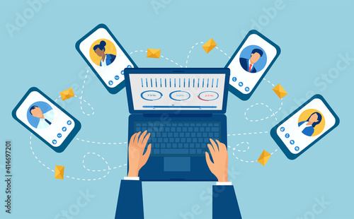 Vector of a businessman working on a laptop having a conference call with his team online, multitasking