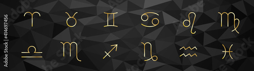 Gold zodiac signs. Astrological horoscope and prediction of the future. Astral symbols in black polygon background.