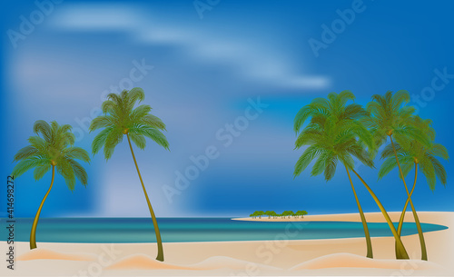 Fototapeta Naklejka Na Ścianę i Meble -  Tropical landscape. Palm, ocean, sand, beach, coast. Blue sky. vector illustracion.