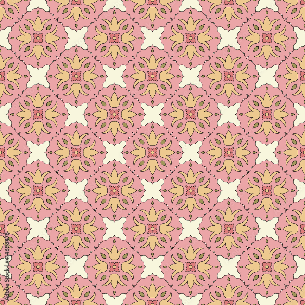 Seamless pattern from round ceramic tiles. Geometric pattern with lotus flowers and leaves. Portuguese, Spanish or Moroccan traditional national ornament. Vector. Pink and yellow.