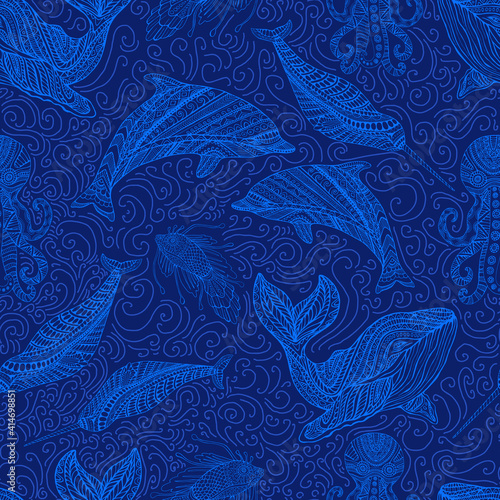 Amazing Whale Dolphin Octopus Narwhal and Fish ornamental sea waves fantasy seamless pattern  blue outline color  isolated on dark blue