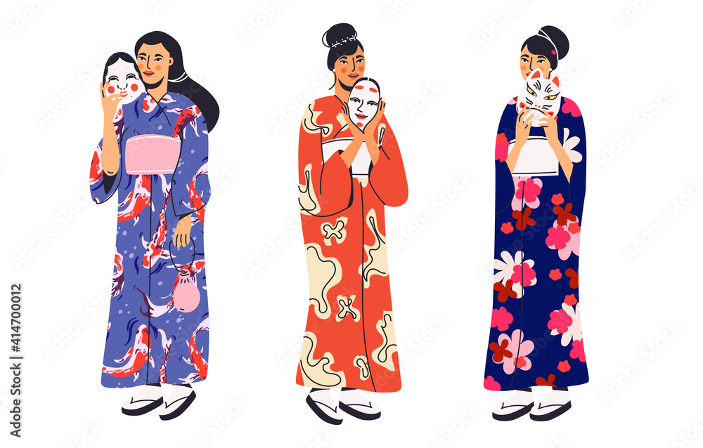Japanese women in kimono with kabuki mask collection . Set of various asian national costumes. Ceremonial traditional robe on female character cartoon clipart. Japanese women in kimono with kabuki mask collection . Set of various asian national costumes. Ceremonial traditional robe on female character cartoon clipart.