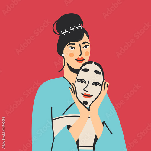 Cute female character with Noh mask flat cartoon illustration. Kabuki theatre banner design. Woman in beautiful kimono robe printing card.