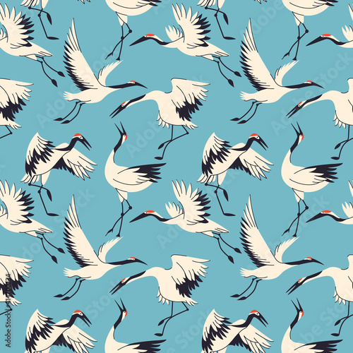 Crane birds seamless pattern vector illustration. Traditional Japanese animal texture design. Asian culture sign background. 